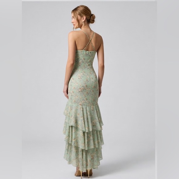 Sage Floral Ruffle High-Low Maxi Dress Green - Picture 4 of 9